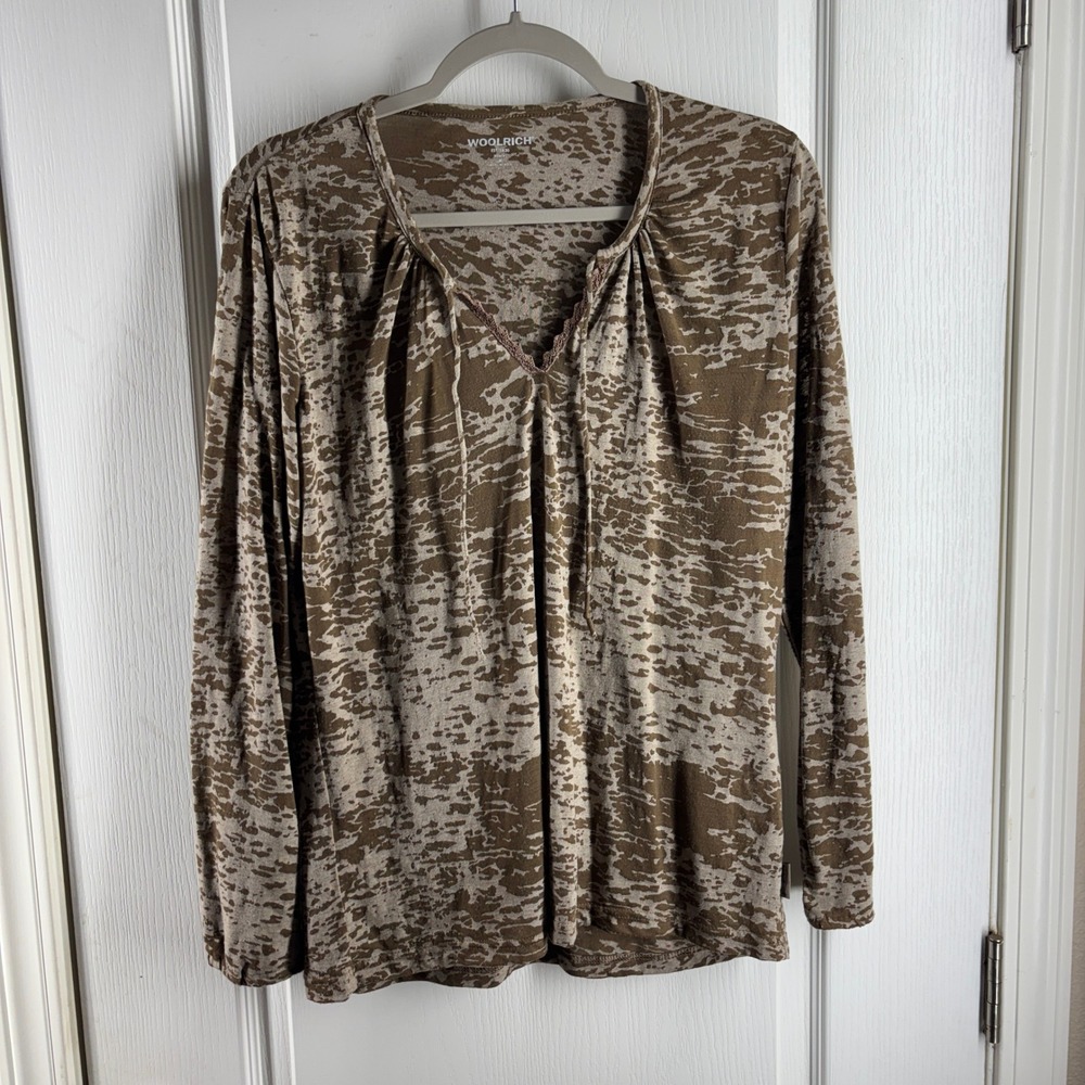 Woolrich Womens Brown Tan Abstract Burnout Print Lace Trim Long Sleeve Top M